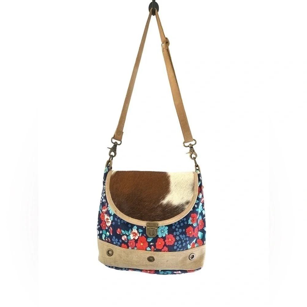 MYRA Bag Cross Body Floral Cowhide Leather Calf Hair Handcrafted Bag